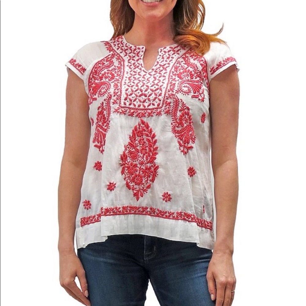 KARYN SEO Talia Split-V Neck Embroidered Tunic Top